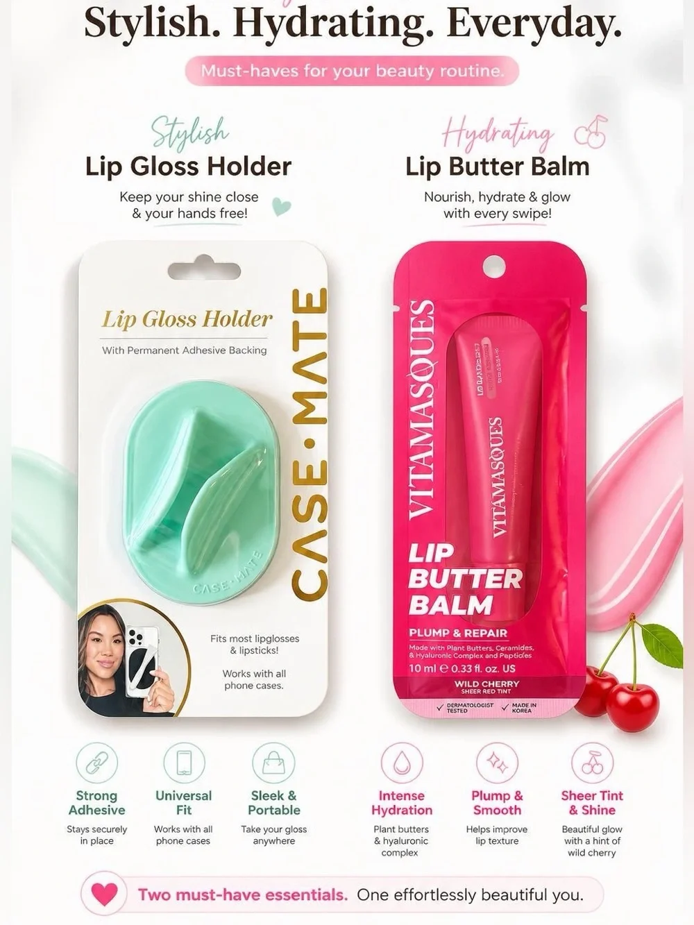 Stylish Case-mate Lip Gloss Holder & Nourishing Lip Butter Balm Combo